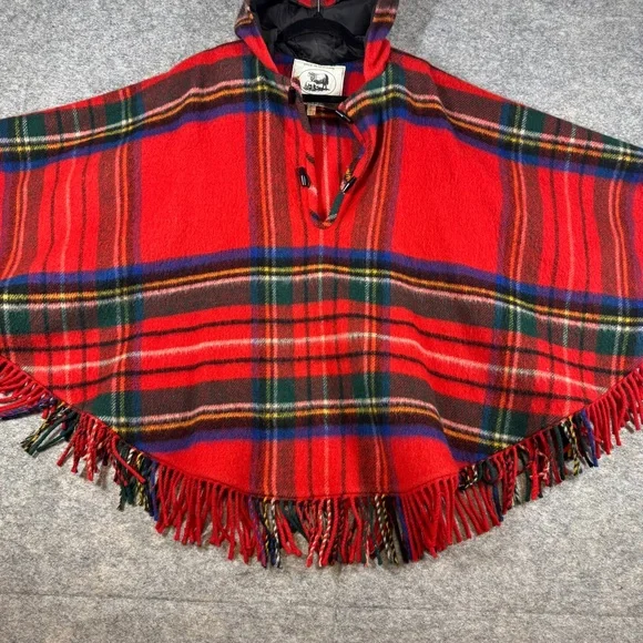 Vintage Edinburgh Woollen Mill Red Plaid Tartan Wool Poncho Cape Hooded Fringe - Picture 10 of 16